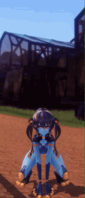 a blue anime character is kneeling on the ground in front of a building