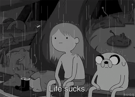 a black and white cartoon of a girl and a dog sitting in the rain with the words life sucks .