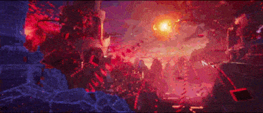 a computer generated image of a burning city with a red sky in the background