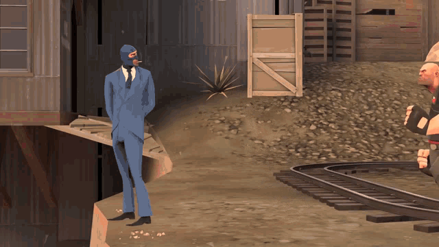 a man in a blue suit and mask stands on a ledge