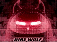 a picture of a wolf with glowing eyes and the words dire wolf on the bottom .