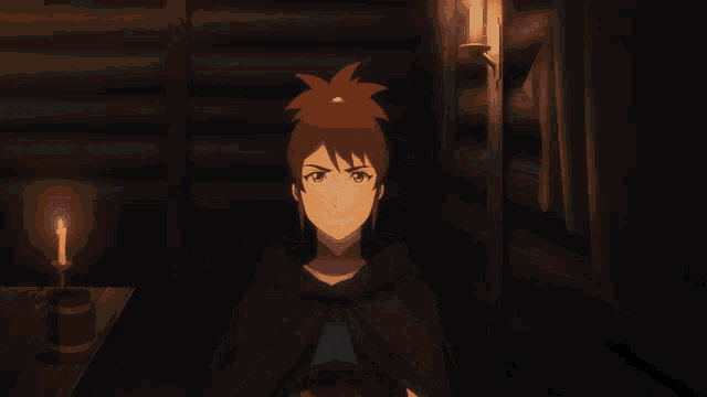 a person with red hair is holding a mug in a dark room with candles
