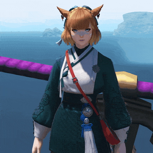a girl with a cat ear headband is wearing a green and white kimono