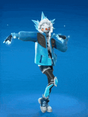 a snowman in a blue jacket is dancing on a blue surface