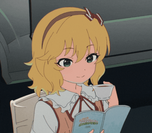 a girl holding a cup of coffee and a book that says ' fairy tail ' on the cover