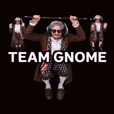 a man dressed as benjamin franklin is jumping in the air with the words team gnome below him