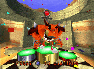 a video game screen shows a monster sitting on a podium and the words press to continue