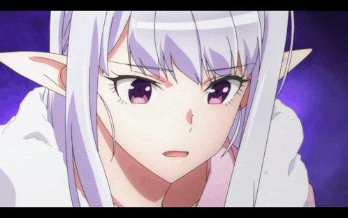 a girl with white hair and purple eyes is looking at the camera