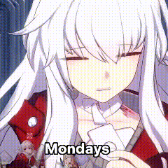 a girl with long white hair is holding a piece of paper and says monday .