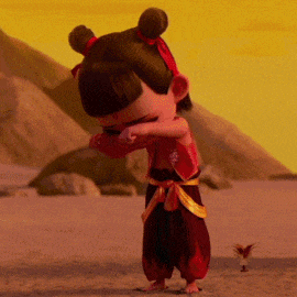 a cartoon character is standing on a sandy beach covering her face
