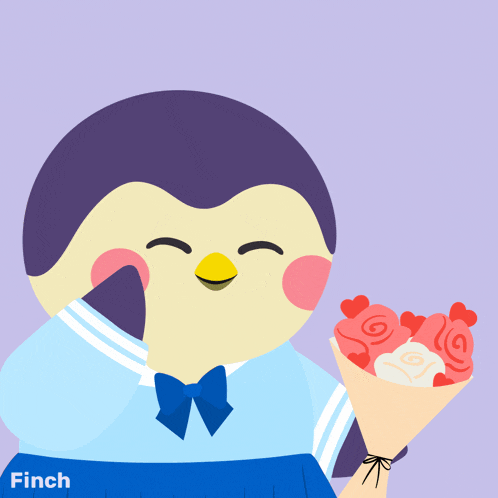 an illustration of a penguin holding a bouquet of flowers with the words buying myself flowers above it