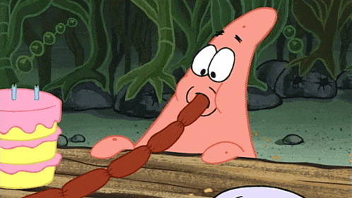 patrick star from spongebob eating a sausage with a cake in the background