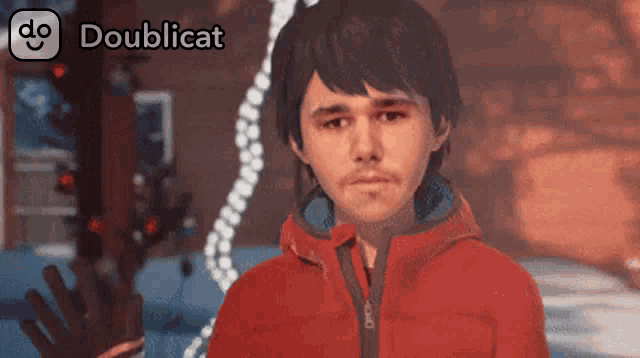 a man in a red jacket with doublicat written on the bottom