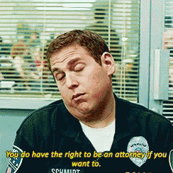 a police officer says " you do have the right to be an attorney if you want to schmidt "