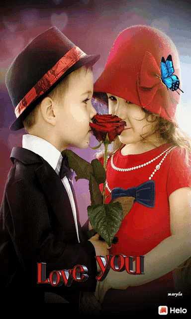 a boy and a girl are kissing with the words love you written on the bottom