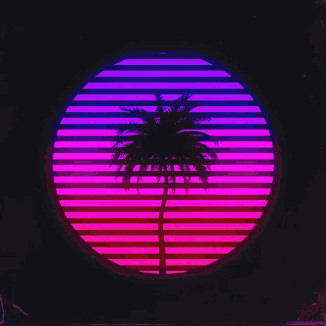 a palm tree is silhouetted against a colorful striped background