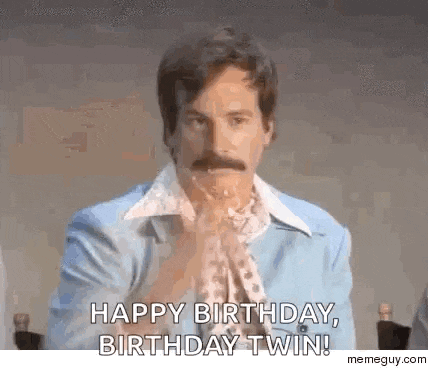 a man with a mustache is eating a piece of cake and saying happy birthday , birthday twin .