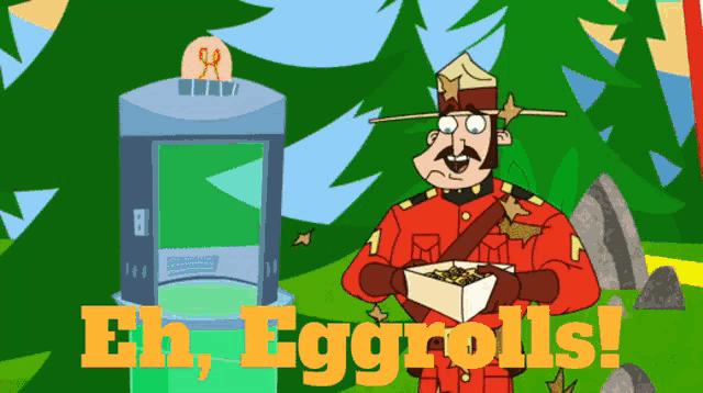 a cartoon of a man holding a box with the words eh eggrolls on the bottom