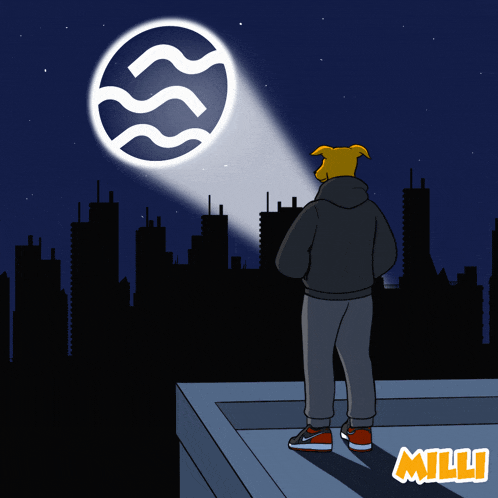 a cartoon of a man standing on a roof looking at a moon with the word milli in the corner