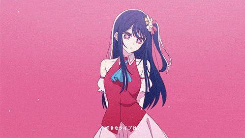 a girl in a red dress with a flower in her hair is surrounded by pink hearts