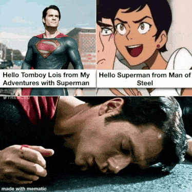 a man in a superman costume is next to a picture of a girl and a picture of a man laying on the ground