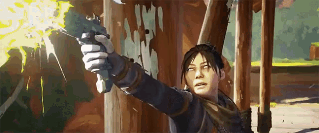 a woman is holding a gun in a video game and it is shooting a bullet .