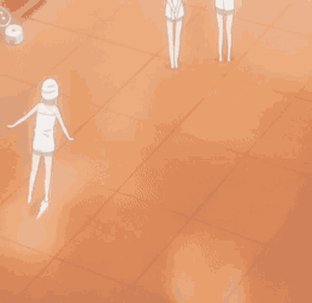 a woman in a white towel is standing on a tiled floor