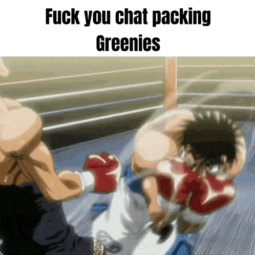a boxing match with the words fuck you chat packing greenies at the top