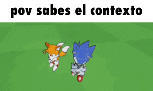 a cartoon of tails and sonic dancing in a field with the words pov sabes el contexto above them