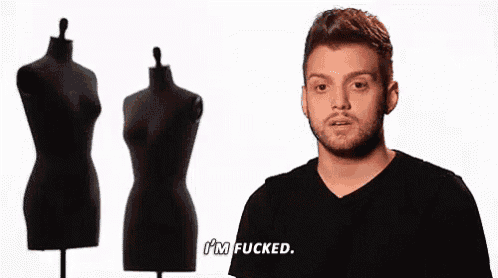 a man in a black shirt says i 'm fucked in front of mannequins