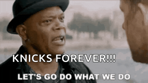 a man in a hat is talking to another man and says knicks forever let 's go do what we do