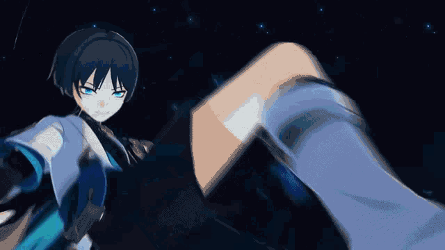 a blue haired anime character is kicking someone