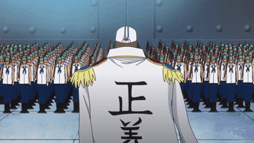 a man with chinese writing on his back stands in front of a large group of men