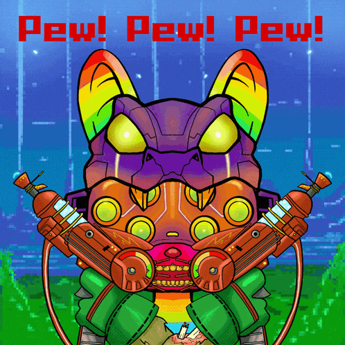a cartoon drawing of a cat with the words pew pew pew written in red
