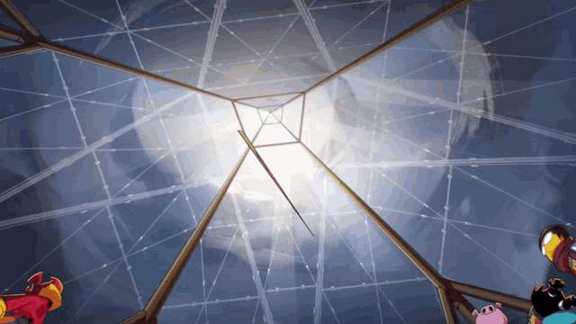 a cartoon drawing of a person looking up at a pyramid