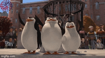 three penguins are standing next to each other in front of a cage and a building with imgflip.com on the bottom right
