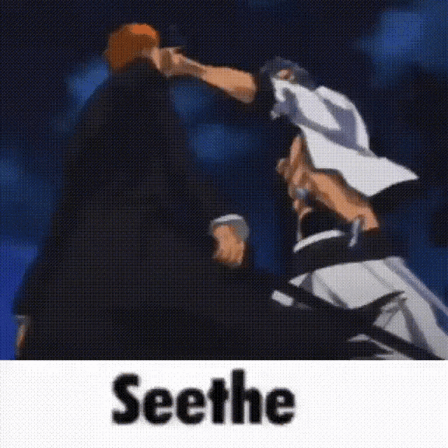 a cartoon of two men fighting with the words seethe on the bottom .