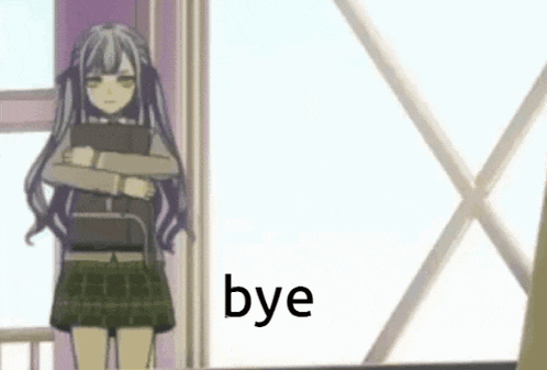 a girl in a school uniform is hugging a boy in front of a window and saying bye .