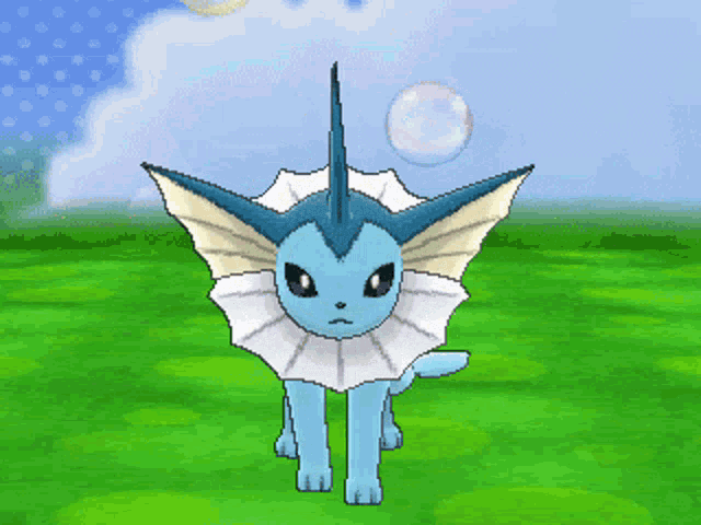 a blue and white pokemon is standing in a field