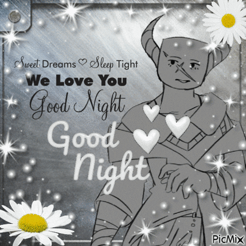 a black and white drawing of a man with horns and the words sweet dreams sleep tight we love you good night on it