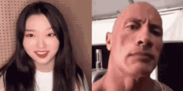 a woman and a man are standing next to each other . the woman is smiling and the man is bald .