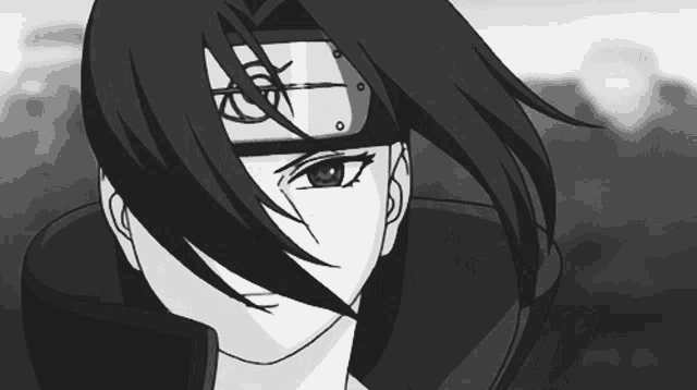 a black and white drawing of a person with a red eye