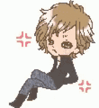 a pixel art drawing of a boy sitting on the floor with a smoke coming out of his mouth .