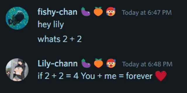 a screenshot of a conversation with fishy-chan and lily-chann
