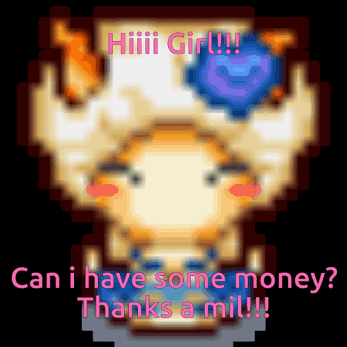 a pixel art of a girl with the words can i have some money