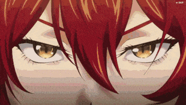 a close up of a girl 's eyes with the word skip below it