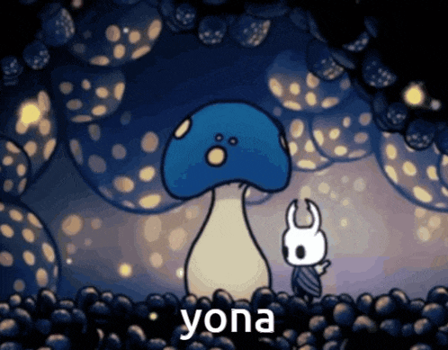 a cartoon of a mushroom and a knight with the word yona on the bottom