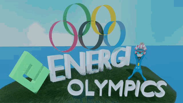 a cartoon character stands on a small island with the words energy olympics
