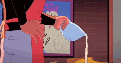 a cartoon of a person pouring milk into a mug