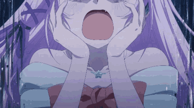a girl with purple hair is covering her face with her hands and has a bow around her neck
